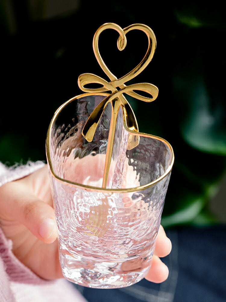 透明玻璃杯家用金邊水杯ins風杯子女錘紋杯簡約清新森系心形茶杯