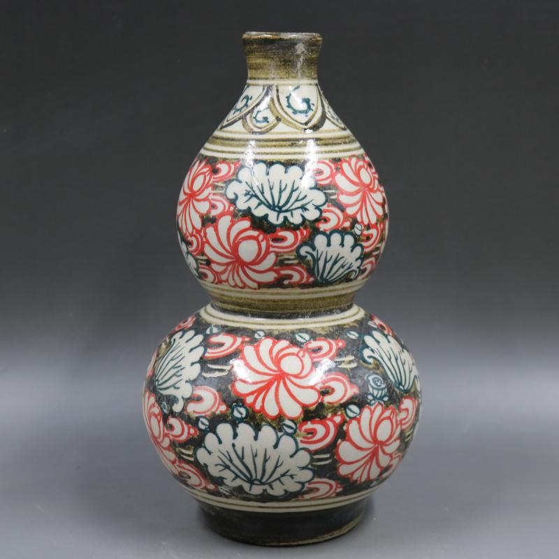 宋吉州窯手工彩繪荷葉蓮花紋葫蘆瓶仿古出土家居瓷器裝飾擺件古玩1入