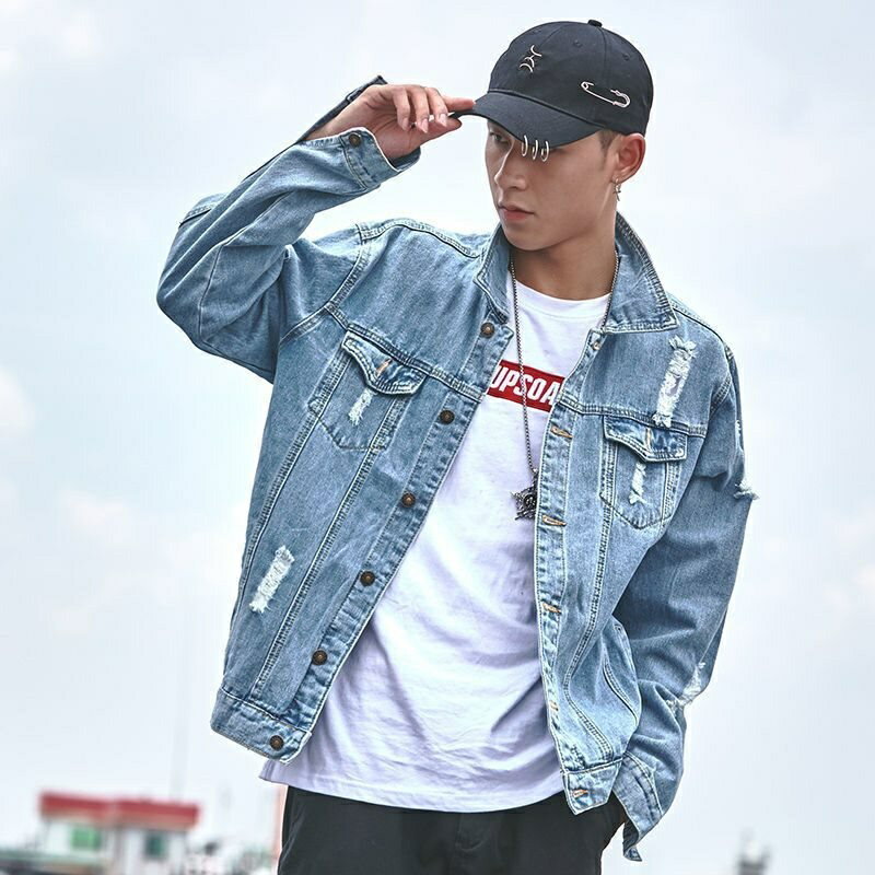 牛仔外套男 牛仔外套女 牛仔外套 S-XXXL 深淺藍 破壞設計寬鬆落肩單寧牛仔外套 男生外套【臺灣 破壞風 】