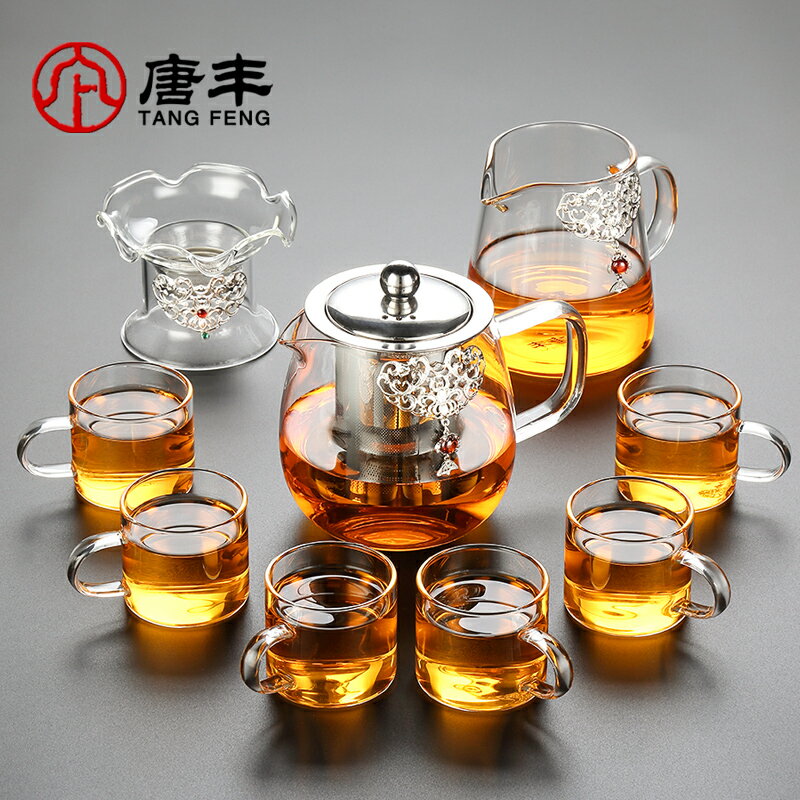 唐豐鑲銀玻璃功夫茶具套裝不銹鋼過濾泡茶壺家用透明沖茶器日式z