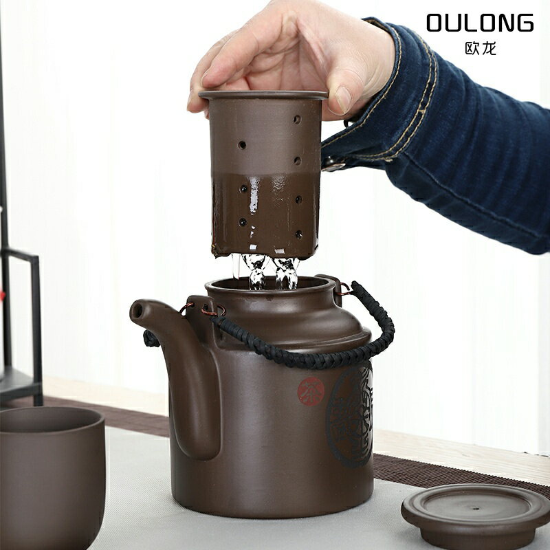 整套大號紫砂茶具套裝大容量提梁壺帶過濾內膽泡茶壺茶器