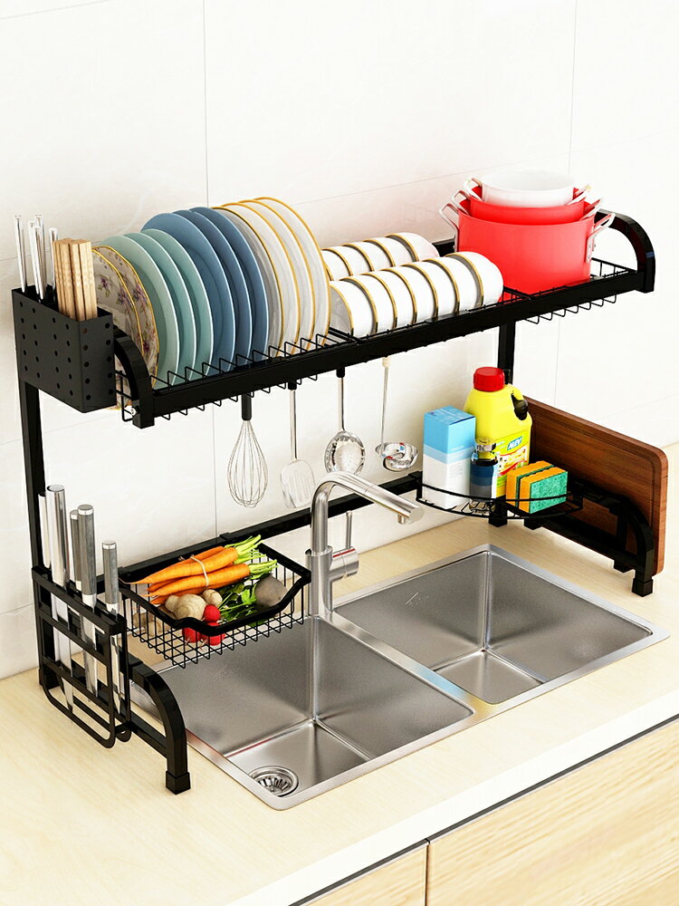 不銹鋼廚房置物架黑色水槽水池晾放碗碟瀝水碗盤架廚具用品收納架