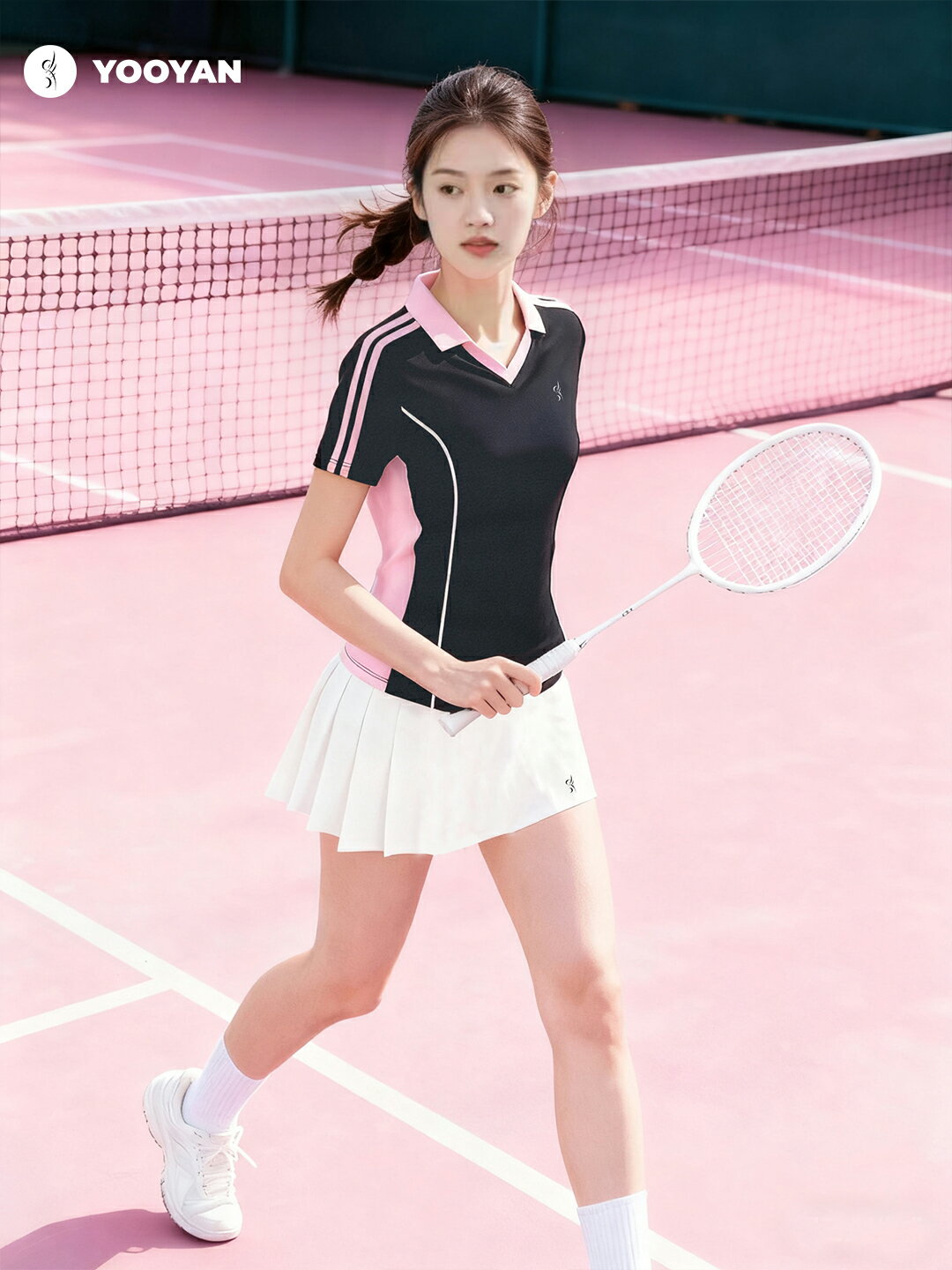 羽鹽 粉墨羽毛球服女款運動套裝 顯瘦短袖小V領大賽服上衣休閒