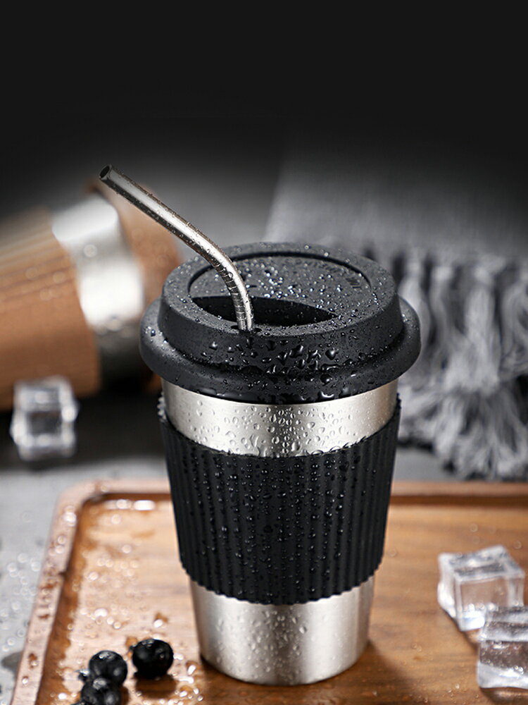 304不銹鋼馬克杯 美式啤酒咖啡杯帶蓋冷飲吸管隨手杯辦公室水杯子