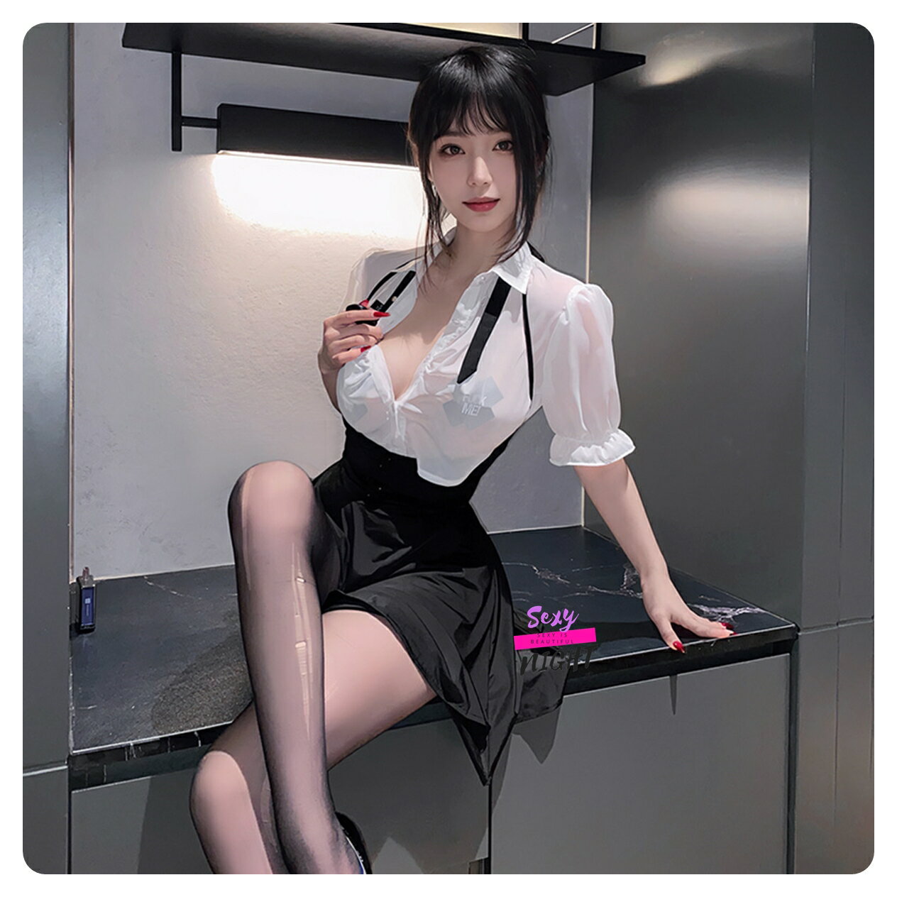 《H7524》前胸抽褶透身學院風套裝