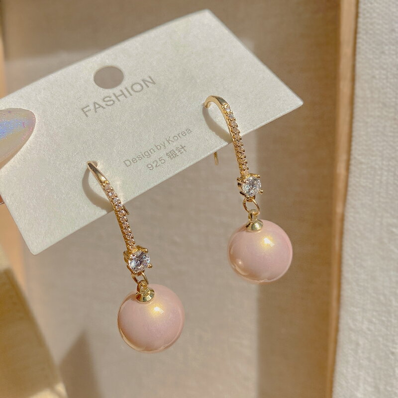 粉色珍珠鋯石耳鉤女年新款潮時尚個性氣質高級感大氣耳環耳飾