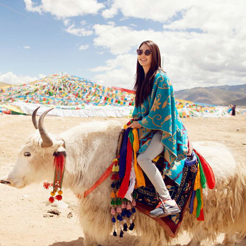 明星同款西藏旅游厚款棉麻民族風披肩圍巾兩用開叉斗篷空調房保暖