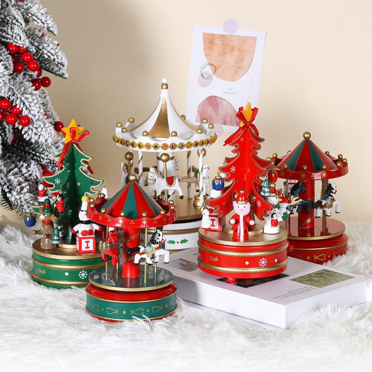 圣誕節裝飾禮品旋轉木馬八音盒桌面擺件兒童禮物木質圣誕樹音樂盒