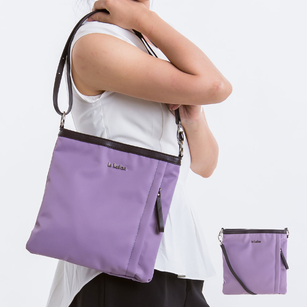【le Lufon】粉紫色尼龍拼皮革拉鏈前口袋方型實用小肩包(S) 斜背包/側背包( 淺灰 / 粉紫二色 )