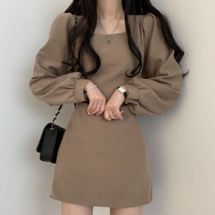 春秋季新款韓風復古收腰顯瘦短款小個子方領長袖連衣裙女--享樂