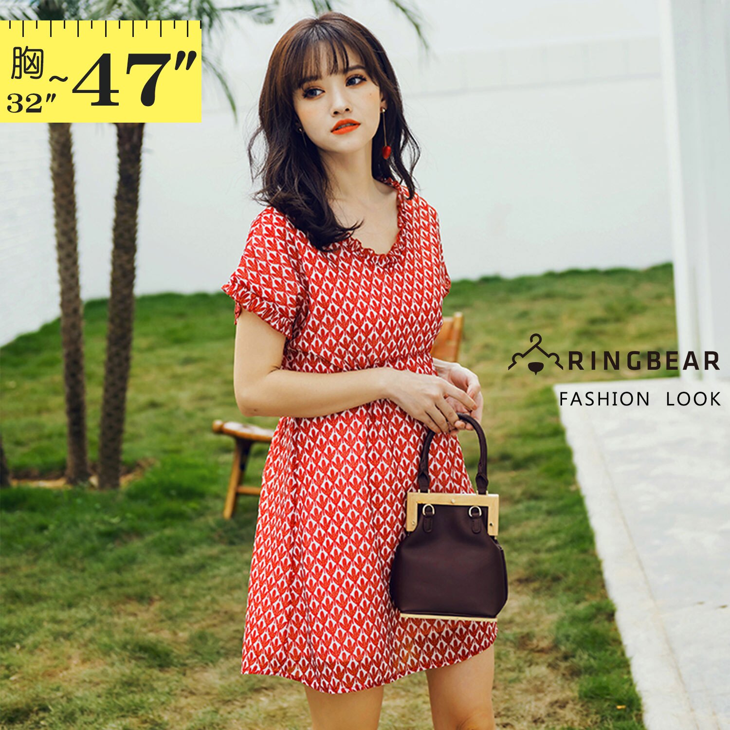 雪紡洋裝--歐美名媛感時尚花紋木耳邊V領拼接連袖長上衣(紅M-3L)-U562眼圈熊中大尺碼