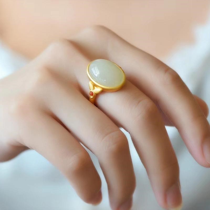 天然玉白玉故宮上新925銀點綴古法金鎏金工藝開口簡約戒指/指環