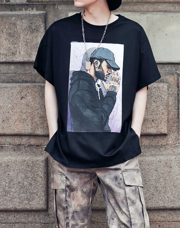 FINDSENSE H1夏季 新款 韓國 街頭 原宿 人物圖案印花 時尚 寬鬆 個性短袖 半袖T恤 潮男 上衣