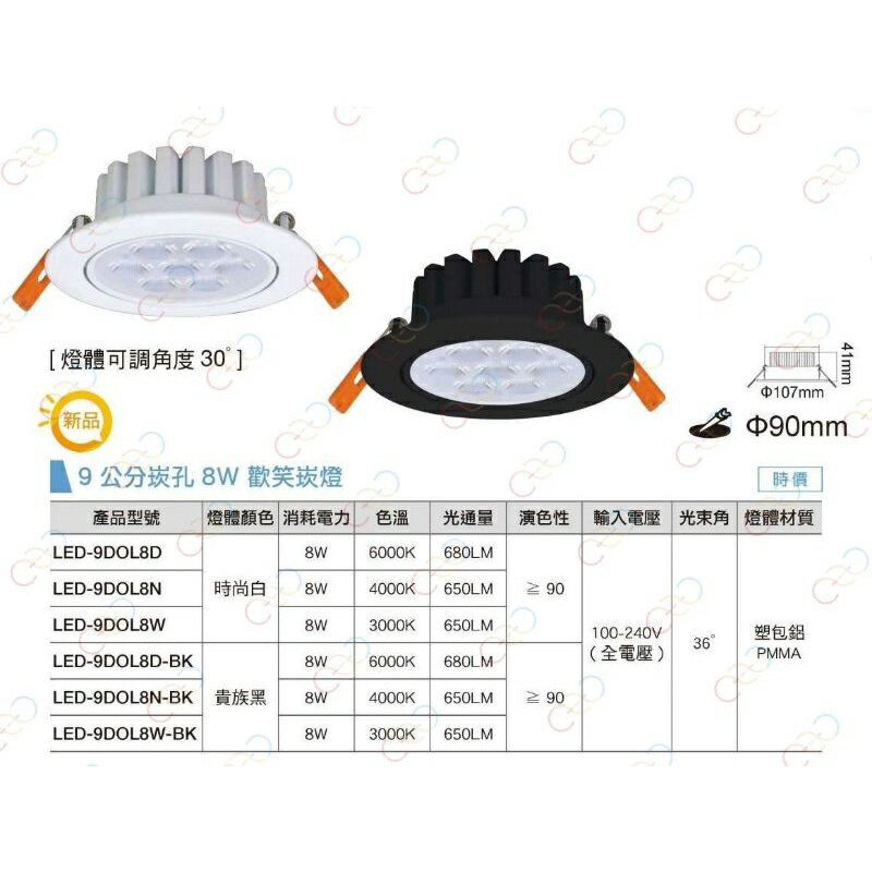 保固二年 超高演色 舞光 LED 8W 9CM 歡笑崁燈 投射燈 燈珠 可調角度 黑殼/白殼 (A Light) 1