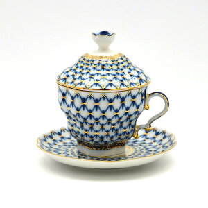 俄羅斯 Imperial Porcelain 經典網紋系列(藍)-22K金手工250ML有蓋杯盤組