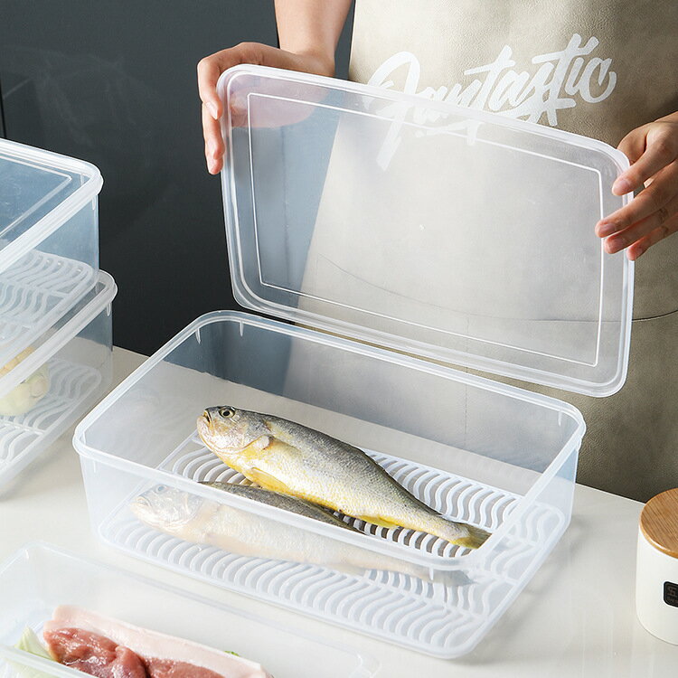 日式冰箱冷凍魚肉瀝水保鮮盒廚房分類收納盒塑料長方形帶蓋冷藏盒