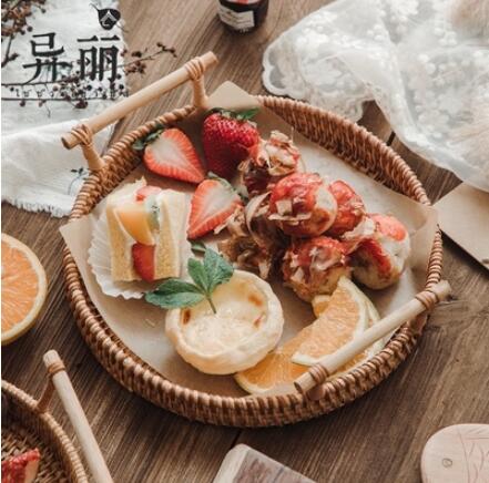 越南藤編託盤水果盤雙耳藤籃編織早餐籃日式竹編麵包筐點心籃子【雙十二特惠】