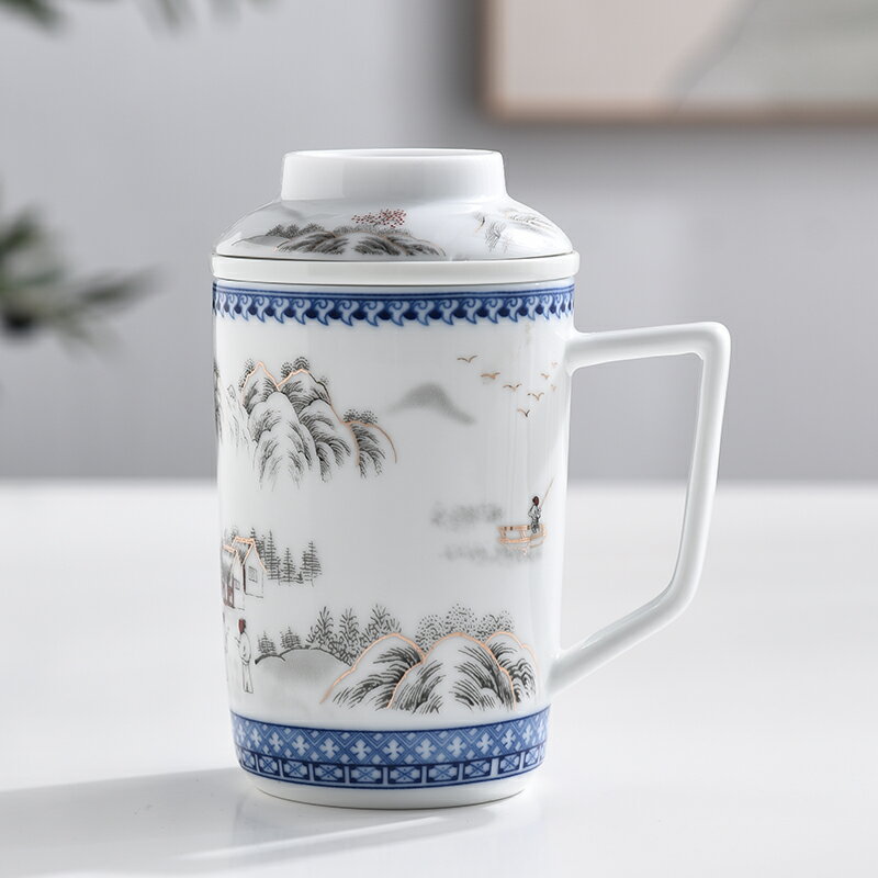 江山如畫白瓷馬克杯個人杯茶水分離過濾帶蓋茶杯辦公家用花茶杯