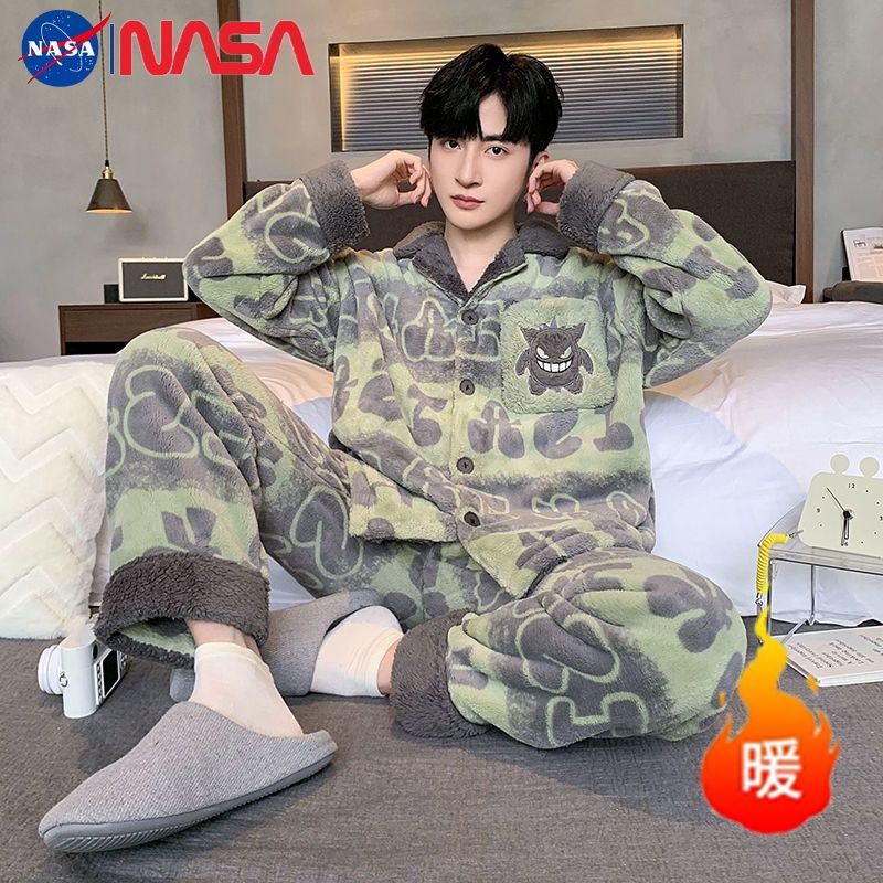 NASA珊瑚絨睡衣男款秋冬季加絨加厚卡通男士青少年學生保暖家居服