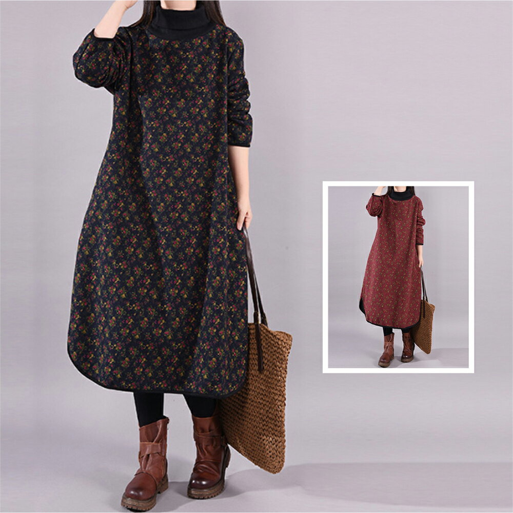 ＊ORead＊韓版中長款加絨加厚高領小碎花連身裙(2色M~2XL)【限定加碼✿全館滿額再折】