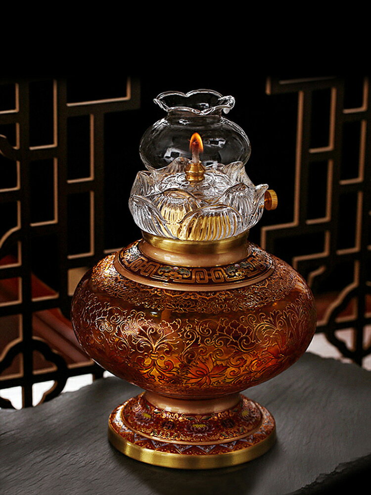 佛堂寺廟供奉純銅琺瑯唐紋蓮花液體酥油燈防風罩供佛像菩薩長明燈