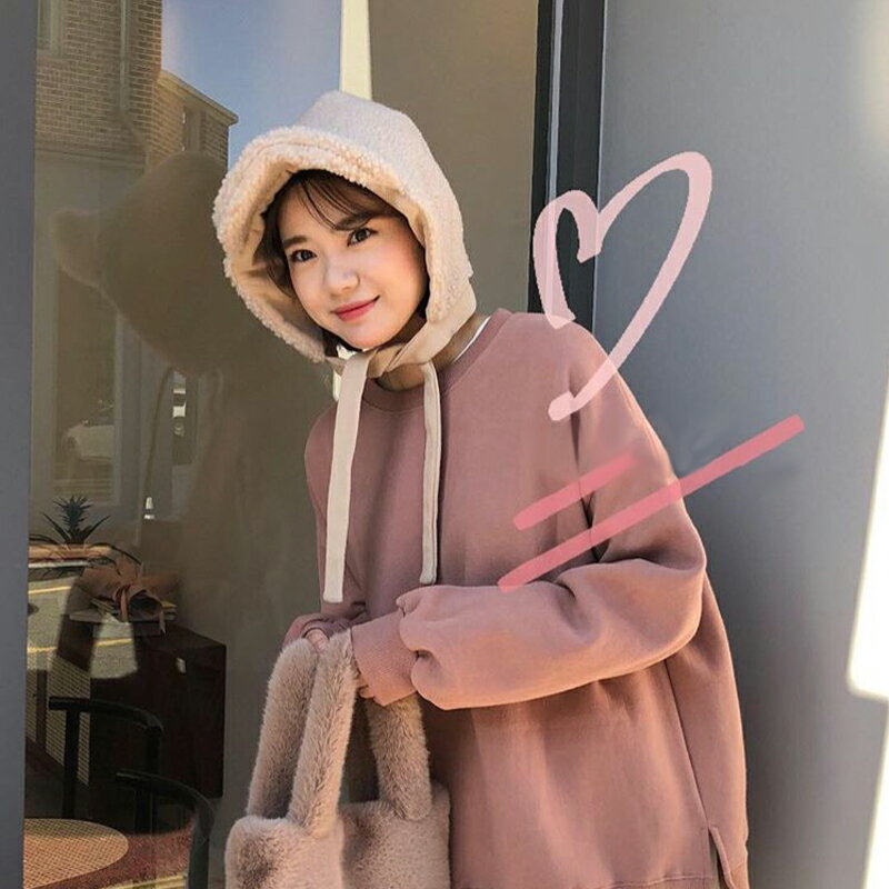 可愛保暖護耳仿羊羔毛絨帽子女冬季韓版滑雪帽綁帶防風騎車雷鋒帽1入
