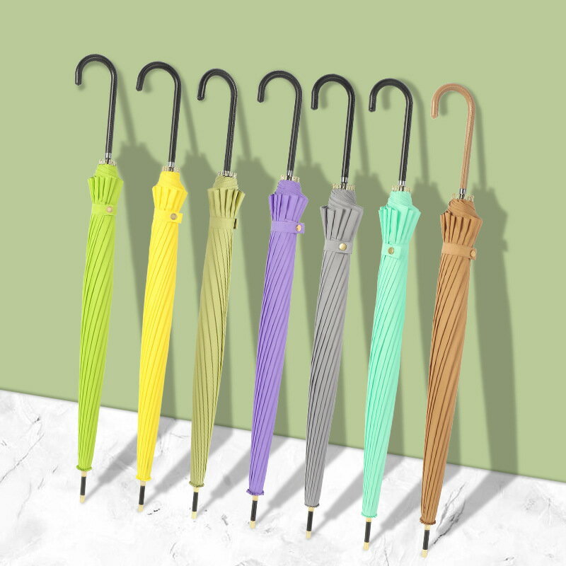 全館8折 免運 雨傘 折疊傘 防曬傘 ins日韓系長柄傘16骨皮彎手柄北歐風小清新純色自動長桿雨傘批發特惠/快速出貨