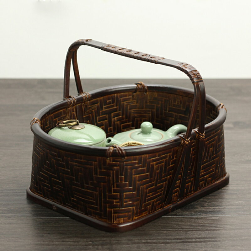 高檔復古竹編籃日式茶具收納筐編織竹籃帶提手家用竹筐中式仿古籃