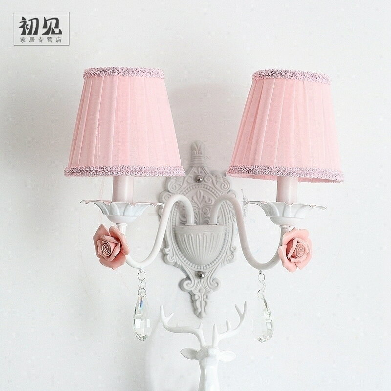 田園歐式花朵壁燈 臥室床頭燈 背景墻裝飾公主兒童房粉色浪漫溫馨