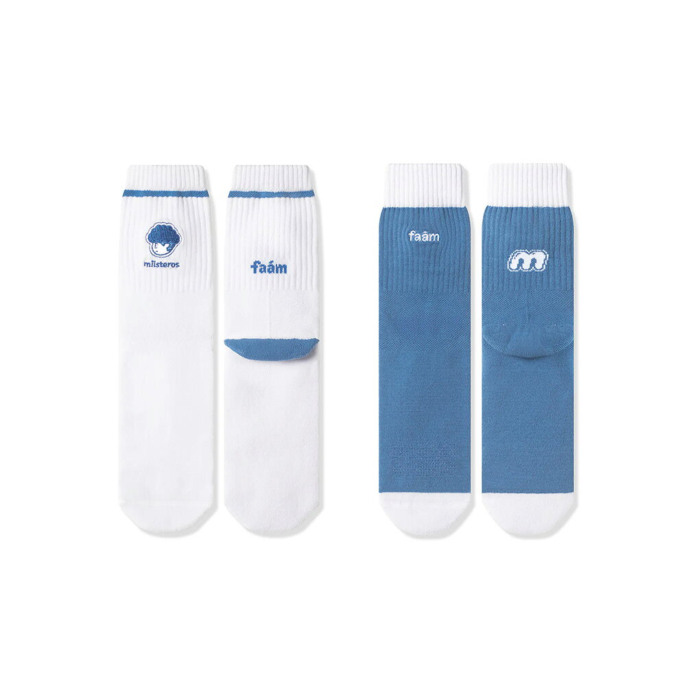 Faam® X 米斯特 miisteros. Crew Socks 2pack 米斯特聯名襪 (2入組) 白藍 運動 休閒 長襪 H9217 (FCMSTME018)