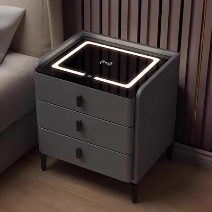 家用臥室 帶插座無線充電器 2023新款簡約現代智能實木保險箱床頭櫃