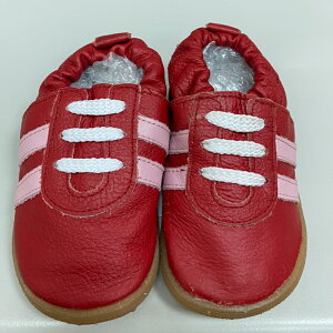 英國 shooshoos 健康無毒真皮手工鞋/學步鞋/嬰兒鞋_紅色粉線條童鞋(6)（福利品）