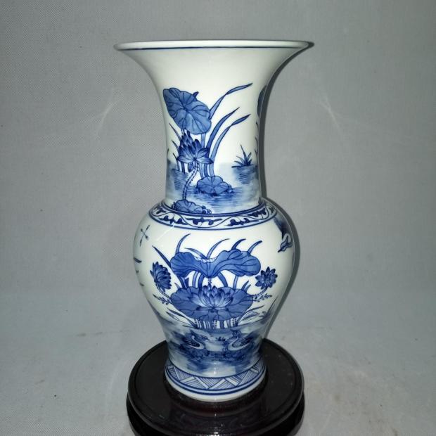 清乾隆青花荷花鴛鴦花觚瓶 精品手繪家居擺件瓷器 古董古玩收藏1入