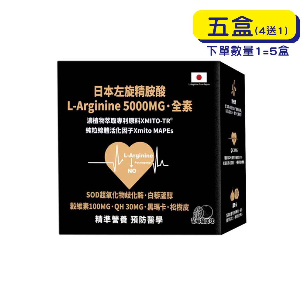 【原廠正貨】格萊思美 日本左旋精胺酸L-Arginine5000MG · 全素SOD · QH · 穀維素 · 黑瑪卡 · 松樹皮 · 白藜蘆醇 (20包X五包) (買四送一)