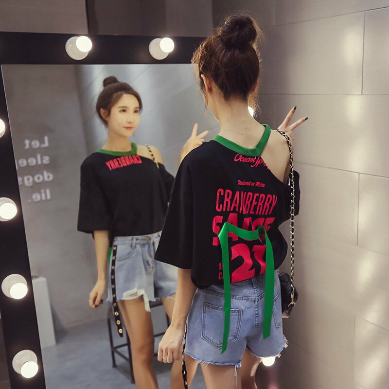 FINDSENSE G5 韓國時尚 露肩字母短袖T恤夏季寬鬆飄帶裝飾顯瘦學生上衣