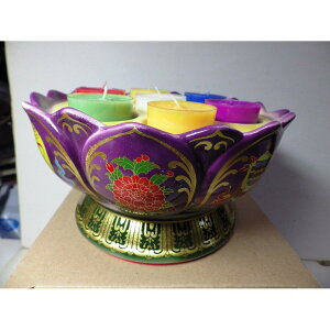 藏式陶瓷八吉祥七彩連花燈座紫色(上盤直徑18.5高9.5公分底座14.5公分)