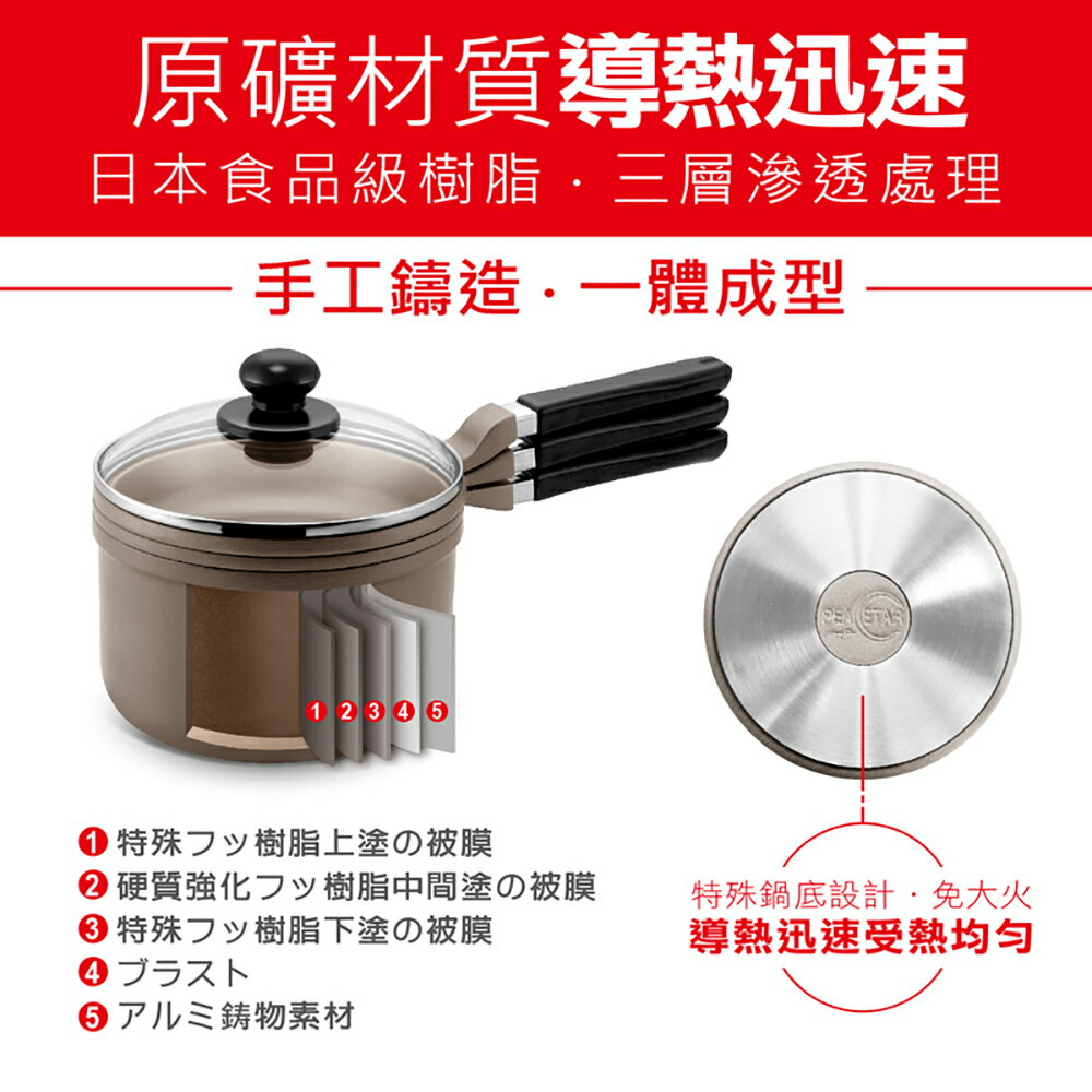 【日本Peacetar 必仕達】澳洲原礦 輕食系列 三入調理鍋16cm /平底鍋/湯鍋/調理中鍋 3