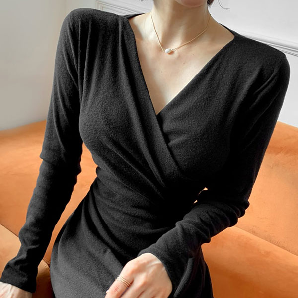 ANNAS 正韓V領洋裝交叉綁腰長裙長洋裝長袖連身裙 顯瘦性感棉質過年新年尾牙春酒紅色韓國 5