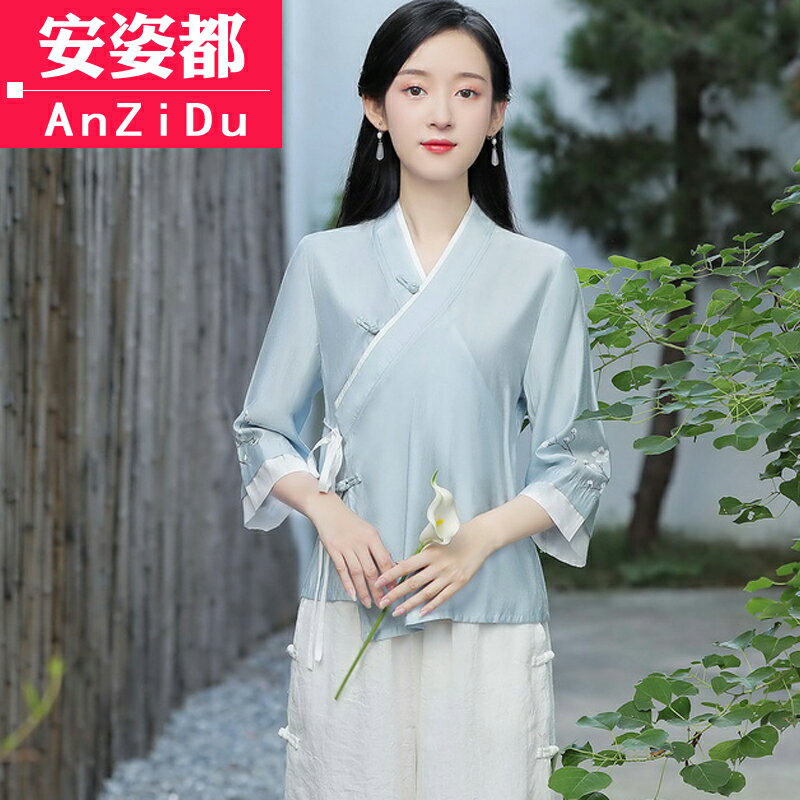 佛系禪意女裝夏中國風唐裝改良旗袍漢服上衣復古中式茶服茶藝服裝