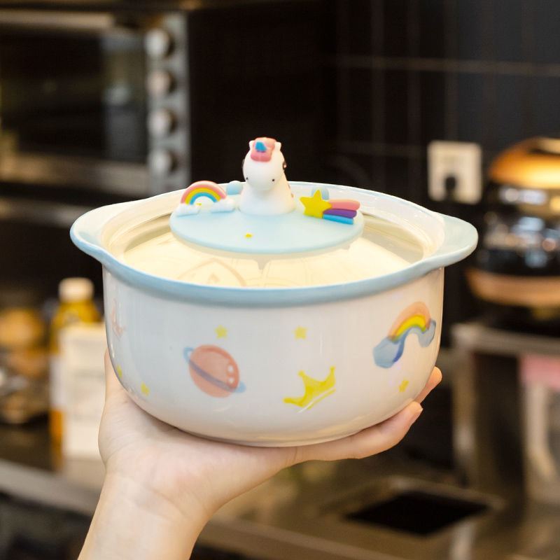 可愛的碗學生寢室泡面碗家用可微波爐帶蓋易清洗可愛雙耳陶瓷碗