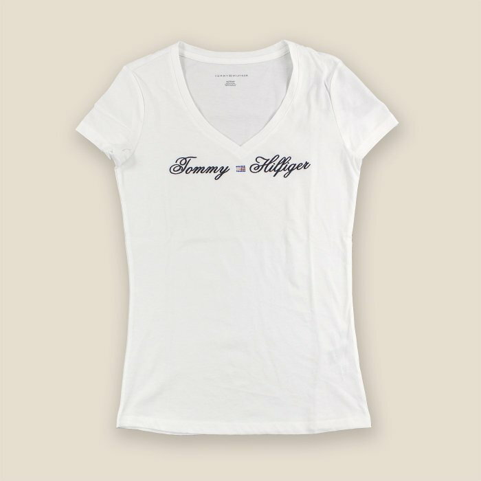 美國百分百【Tommy Hilfiger】T恤 TH 女 上衣 V領 水鑽 T-shirt 短袖 白色 XS S號 I396