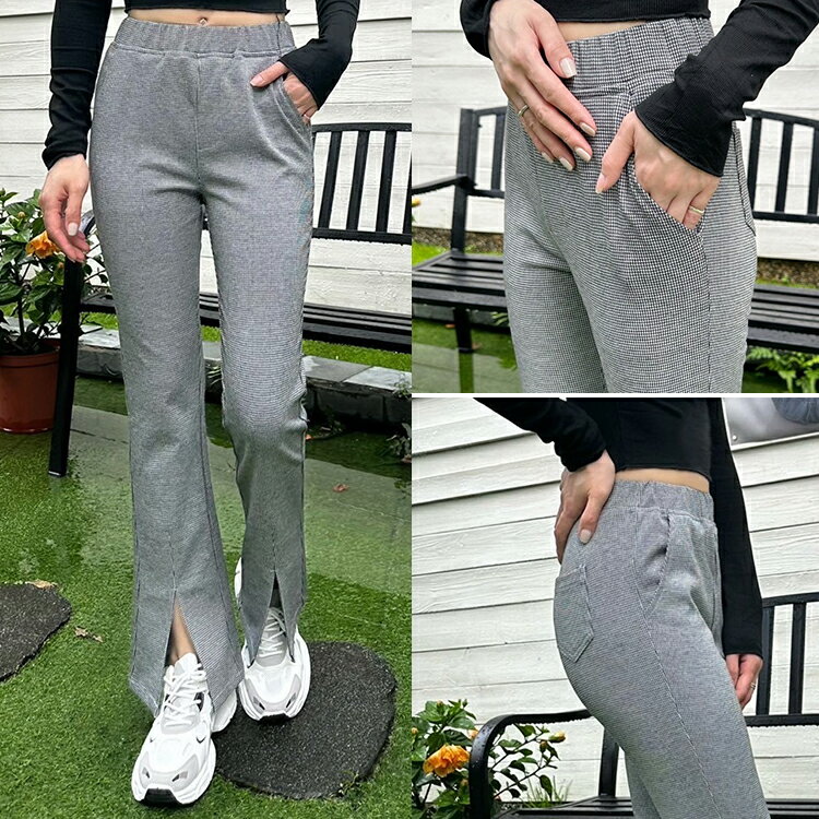 特$300千鳥格開叉喇叭褲(M-3L)  【B370348】