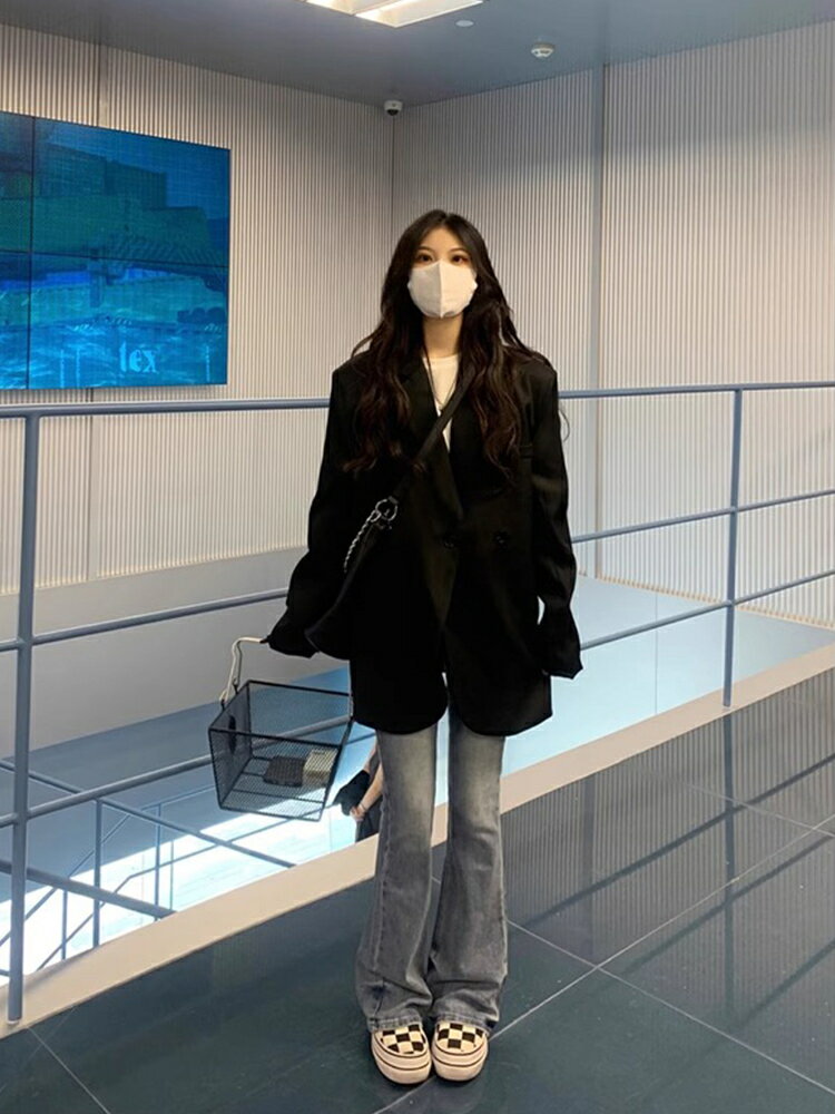 高級感黑色西裝外套女春秋2024年新款韓系小個子寬松西服套裝上衣【淘夢屋】