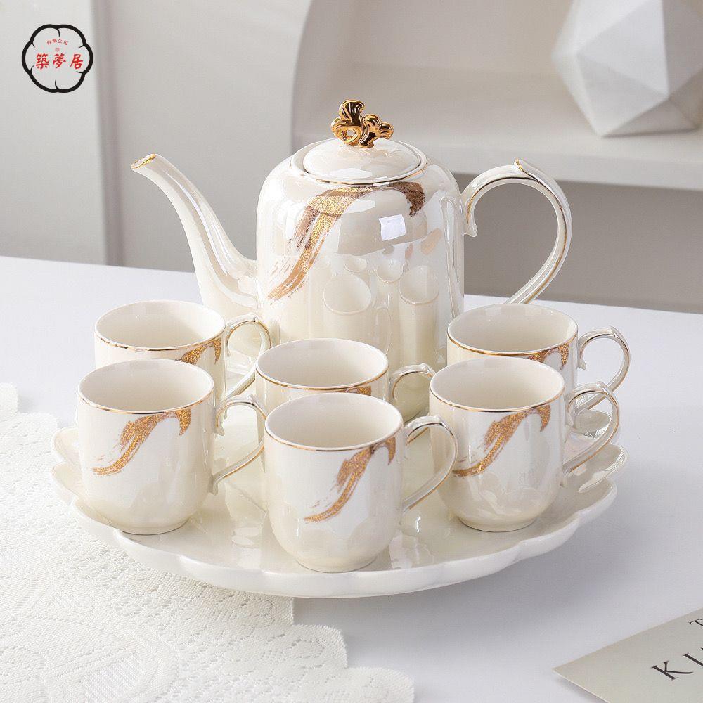 免運 工廠直銷 茶具 茶壺 功夫茶具 茶壺套裝 輕奢珍珠高檔陶瓷水具套裝茶杯家用結婚茶具水壺客廳茶壺杯子水杯店長推薦/特惠 工廠現貨出 特價出 全館折扣 售後保障 zm5319