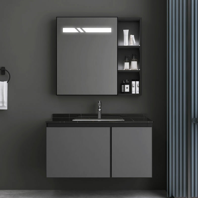 新款浴室櫃組合陶瓷一體盆巖板太空鋁小戶型衛生間洗漱臺智能墻鏡
