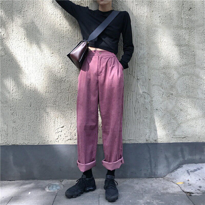 秋裝女裝復古寬鬆鬆緊腰燈芯絨闊腿褲百搭顯瘦直筒褲休閑長褲1入