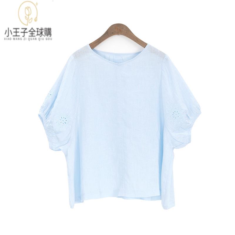 【公司現貨速發】免運 開發票 小王子女裝年夏季亞麻小衫寬松慵懶刺繡V領套頭全亞麻泡泡袖上衣女女裝上衣 流行女裝 棉麻 早秋 日韓女裝