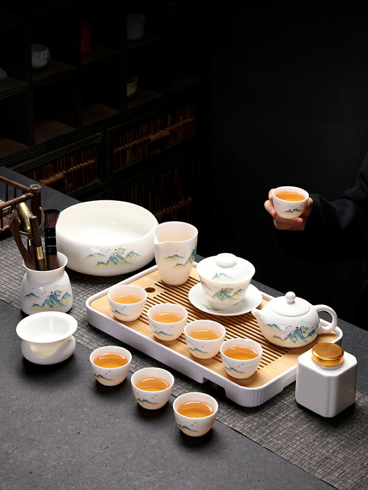 網紅千里江山羊脂玉白瓷功夫茶具套裝家用輕奢高檔蓋碗茶杯 雙11全館免運