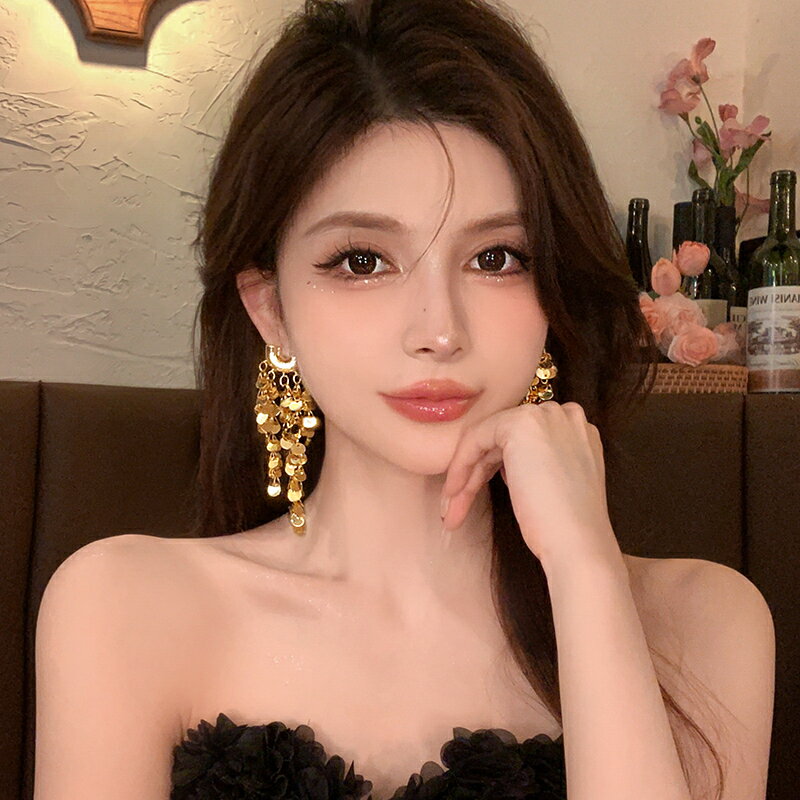 小眾設計高級感金屬亮片流蘇耳環女輕奢時尚百搭2024年新款潮耳飾【淘夢屋】
