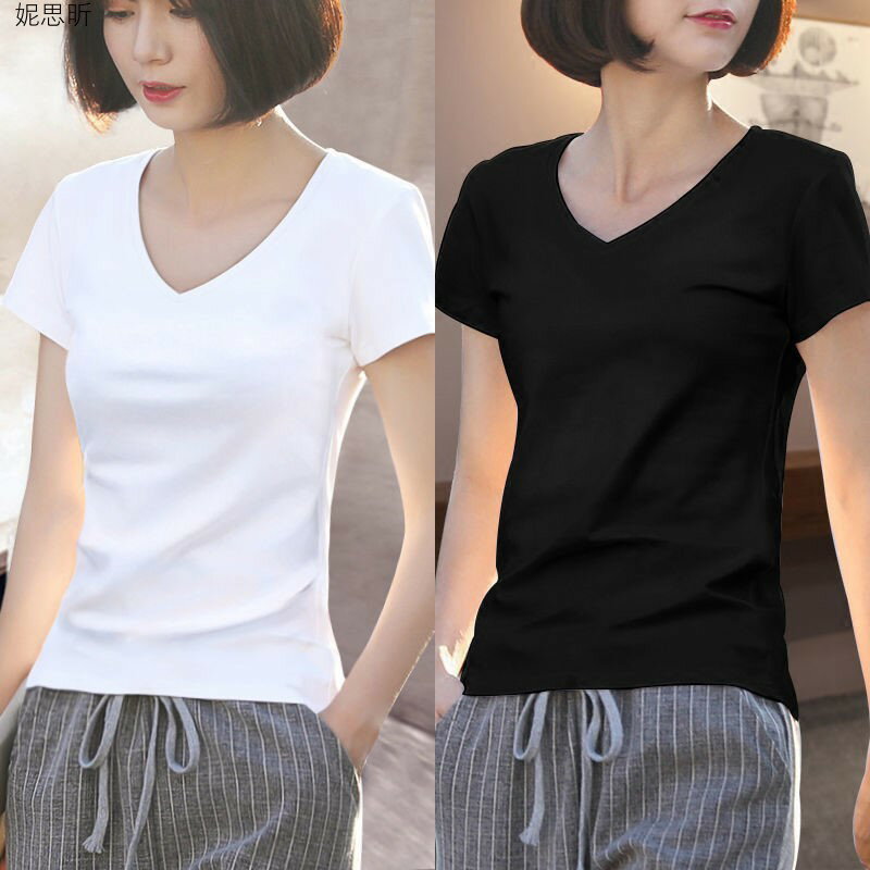 單件/兩件】短袖白色V領t恤女士夏裝新款修身雞心領緊身上衣體恤